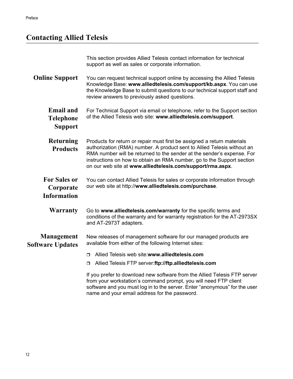 Contacting allied telesis, Online support, Email and telephone support | Returning products, For sales or corporate information, Warranty, Management software updates | Allied Telesis AT-2973T (NetExtreme II) User Manual | Page 12 / 136