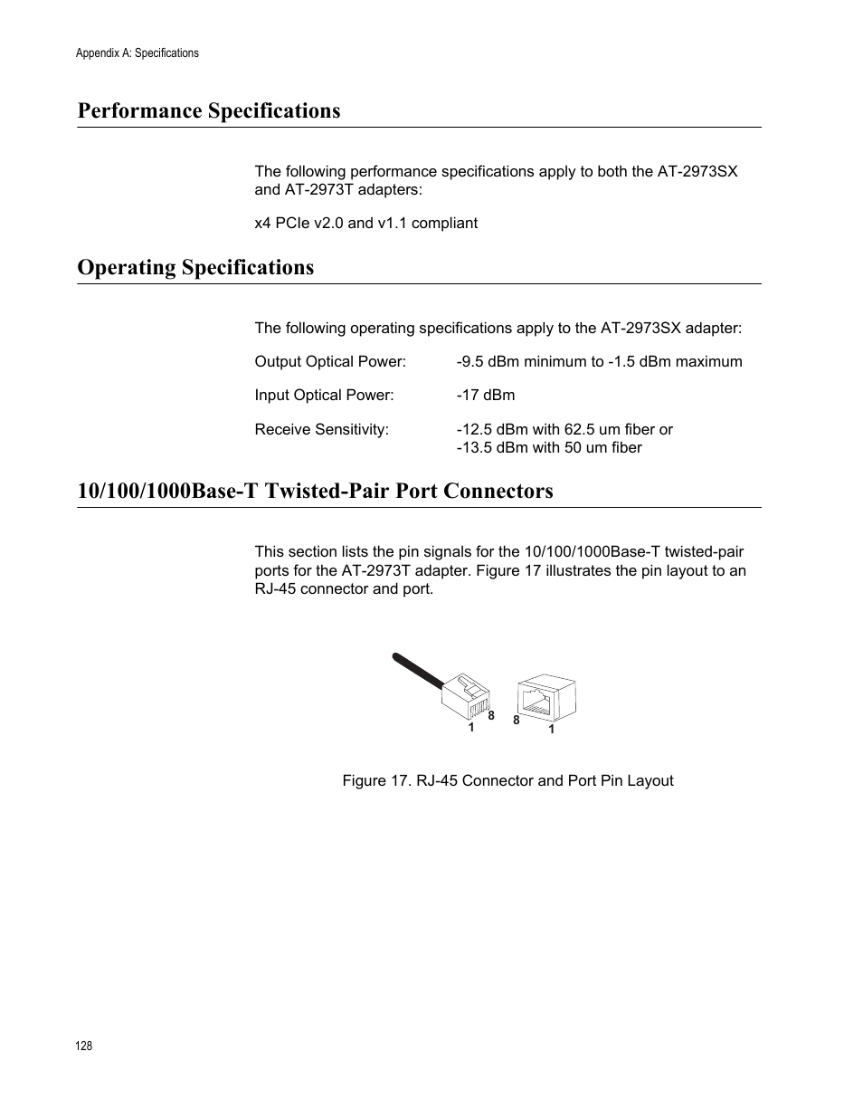 Performance specifications, Operating specifications, 10/100/1000base-t twisted-pair port connectors | Allied Telesis AT-2973T (NetExtreme II) User Manual | Page 128 / 136