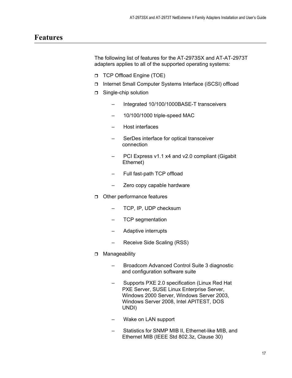 Features | Allied Telesis AT-2973T (NetExtreme II) User Manual | Page 17 / 136