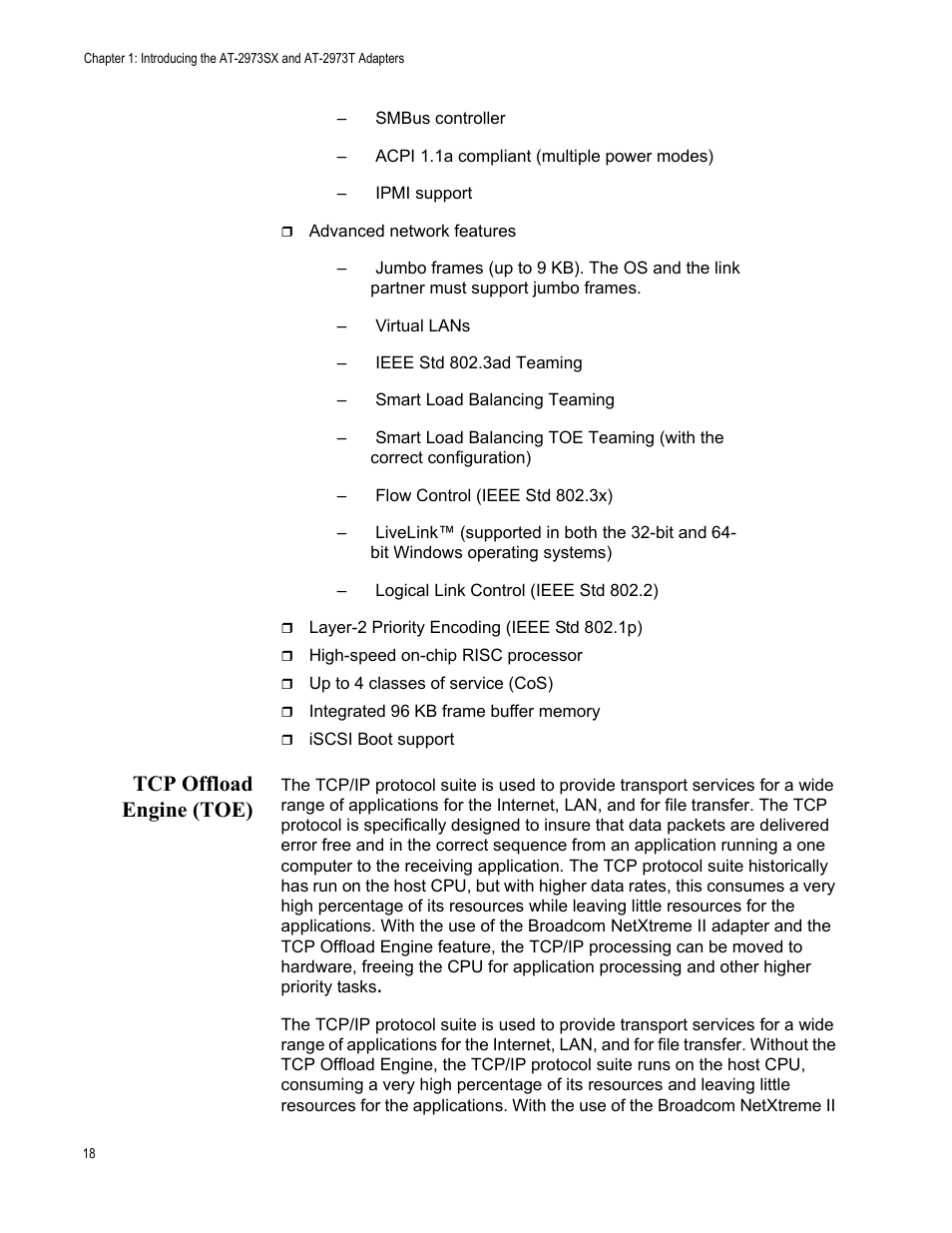 Tcp offload engine (toe) | Allied Telesis AT-2973T (NetExtreme II) User Manual | Page 18 / 136