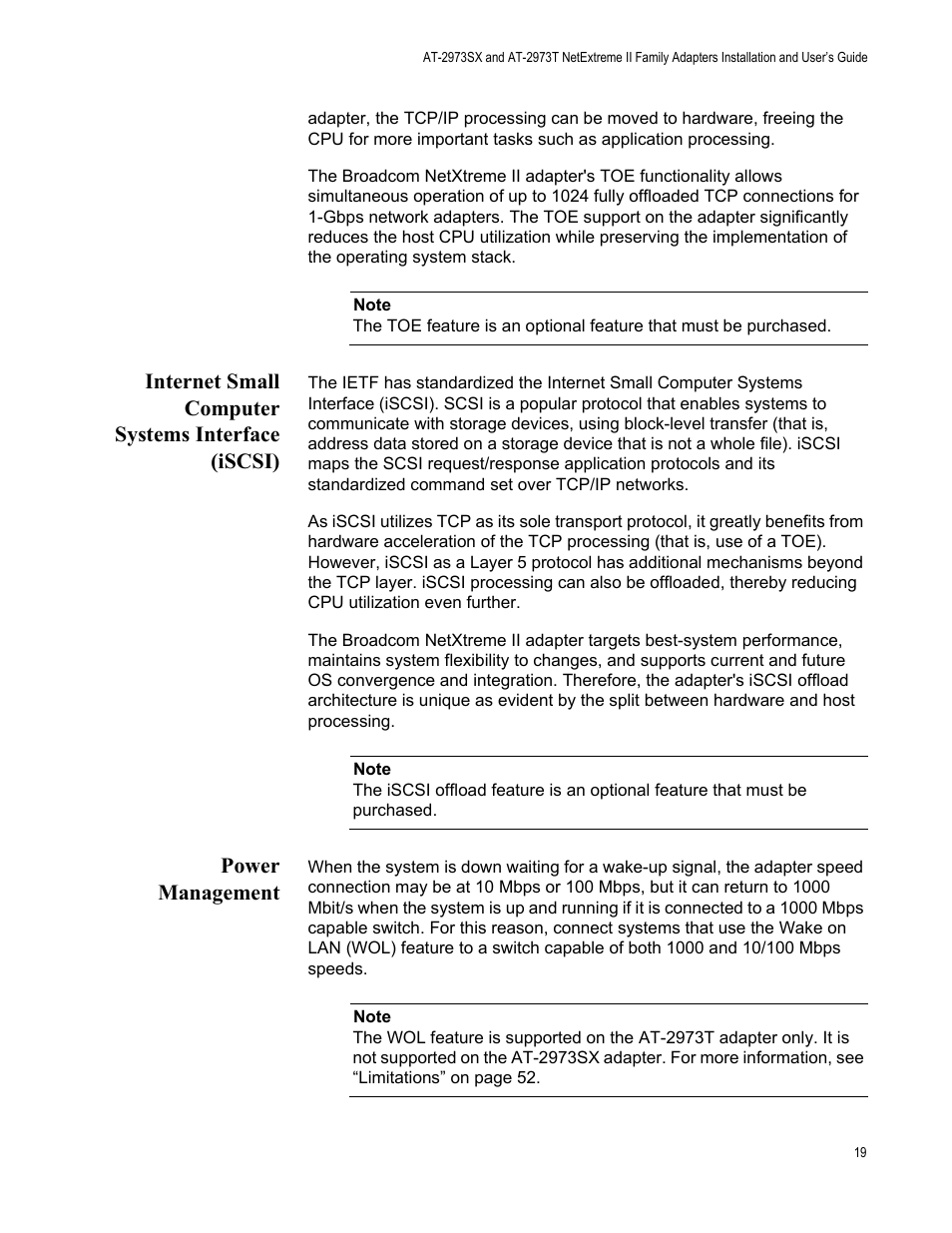 Internet small computer systems interface (iscsi), Power management | Allied Telesis AT-2973T (NetExtreme II) User Manual | Page 19 / 136