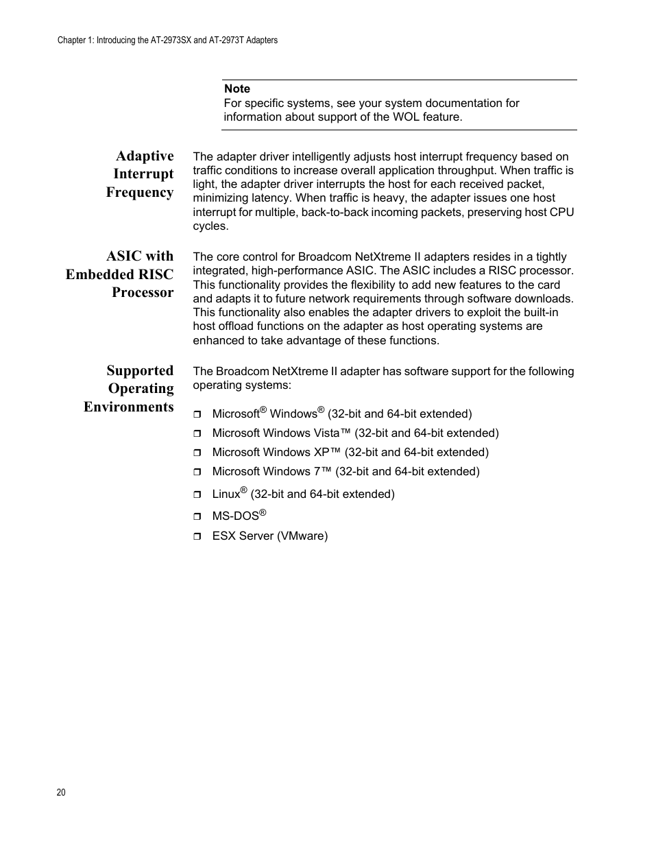 Adaptive interrupt frequency, Asic with embedded risc processor, Supported operating environments | Allied Telesis AT-2973T (NetExtreme II) User Manual | Page 20 / 136