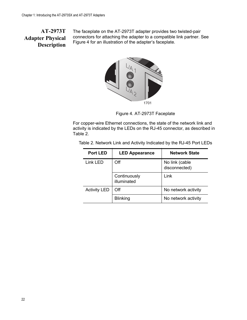 At-2973t adapter physical description, L/a 1 l/a 2 | Allied Telesis AT-2973T (NetExtreme II) User Manual | Page 22 / 136