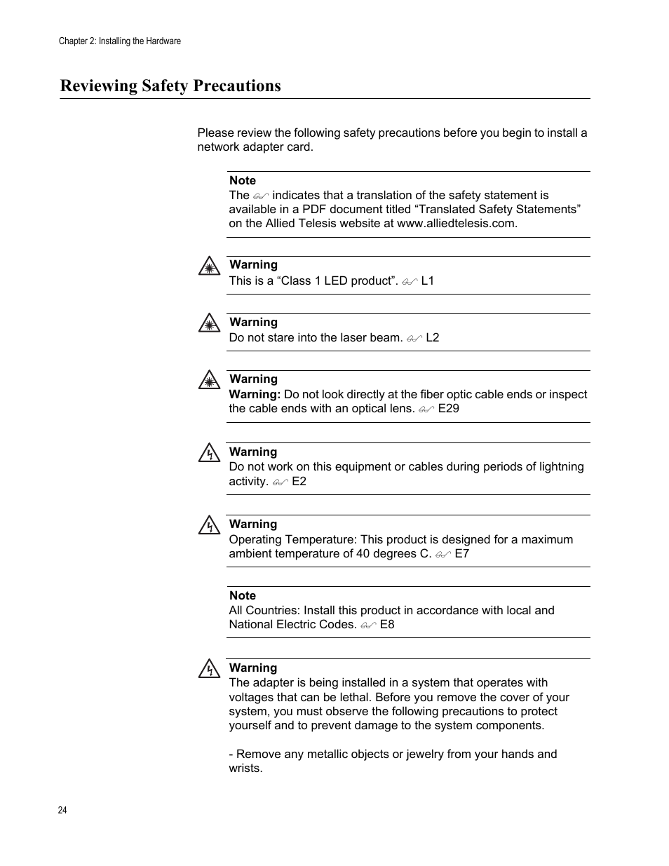 Reviewing safety precautions | Allied Telesis AT-2973T (NetExtreme II) User Manual | Page 24 / 136