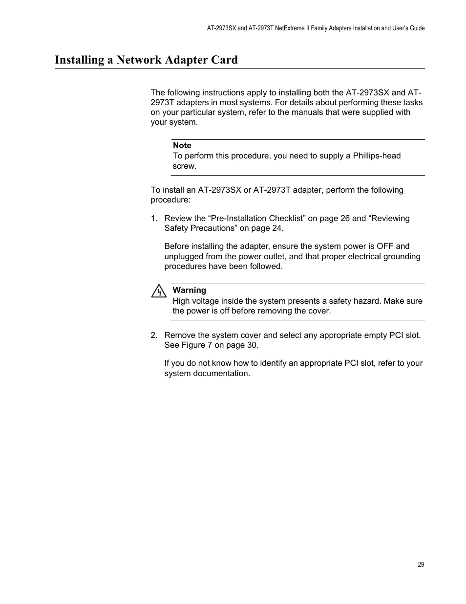 Installing a network adapter card | Allied Telesis AT-2973T (NetExtreme II) User Manual | Page 29 / 136