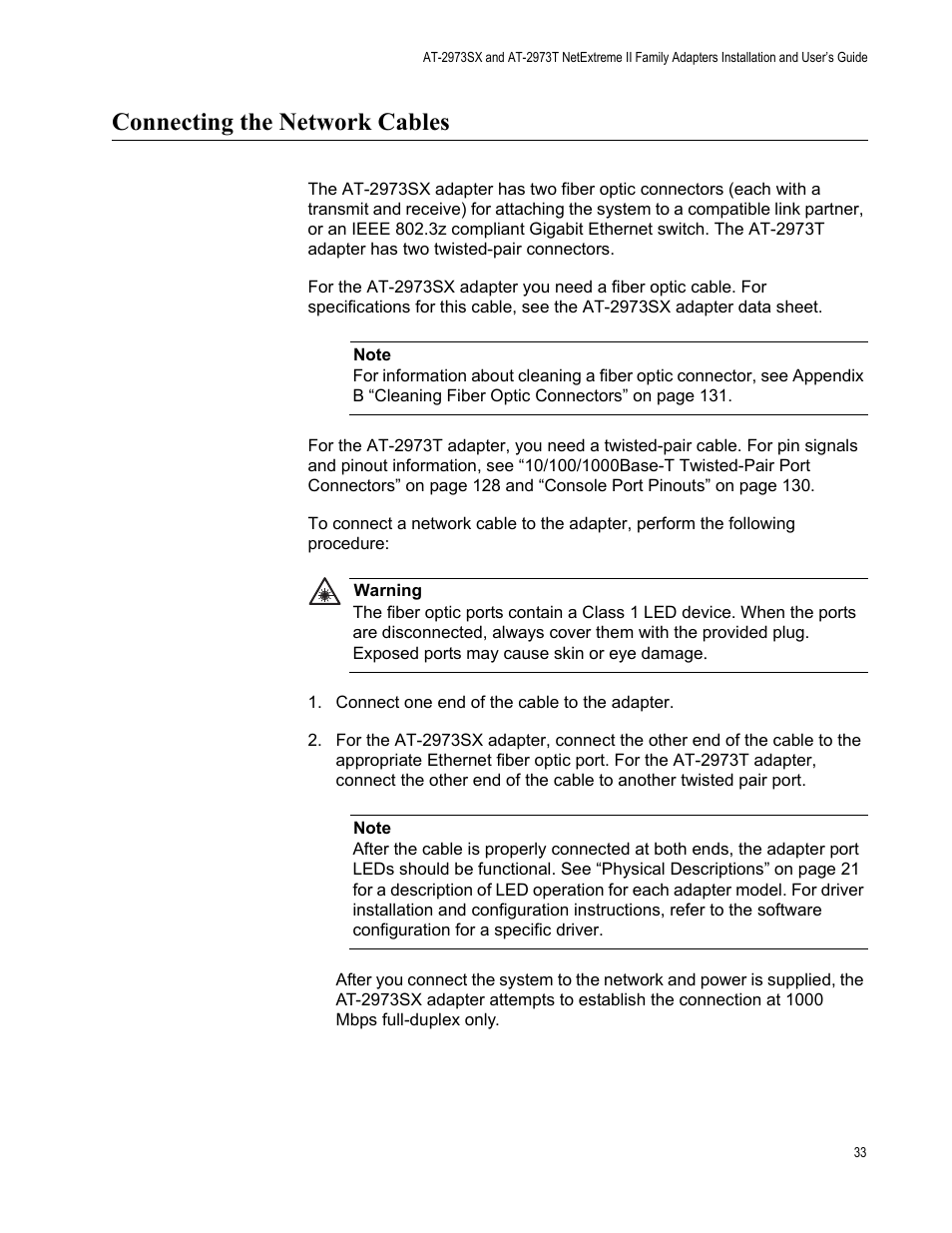 Connecting the network cables | Allied Telesis AT-2973T (NetExtreme II) User Manual | Page 33 / 136