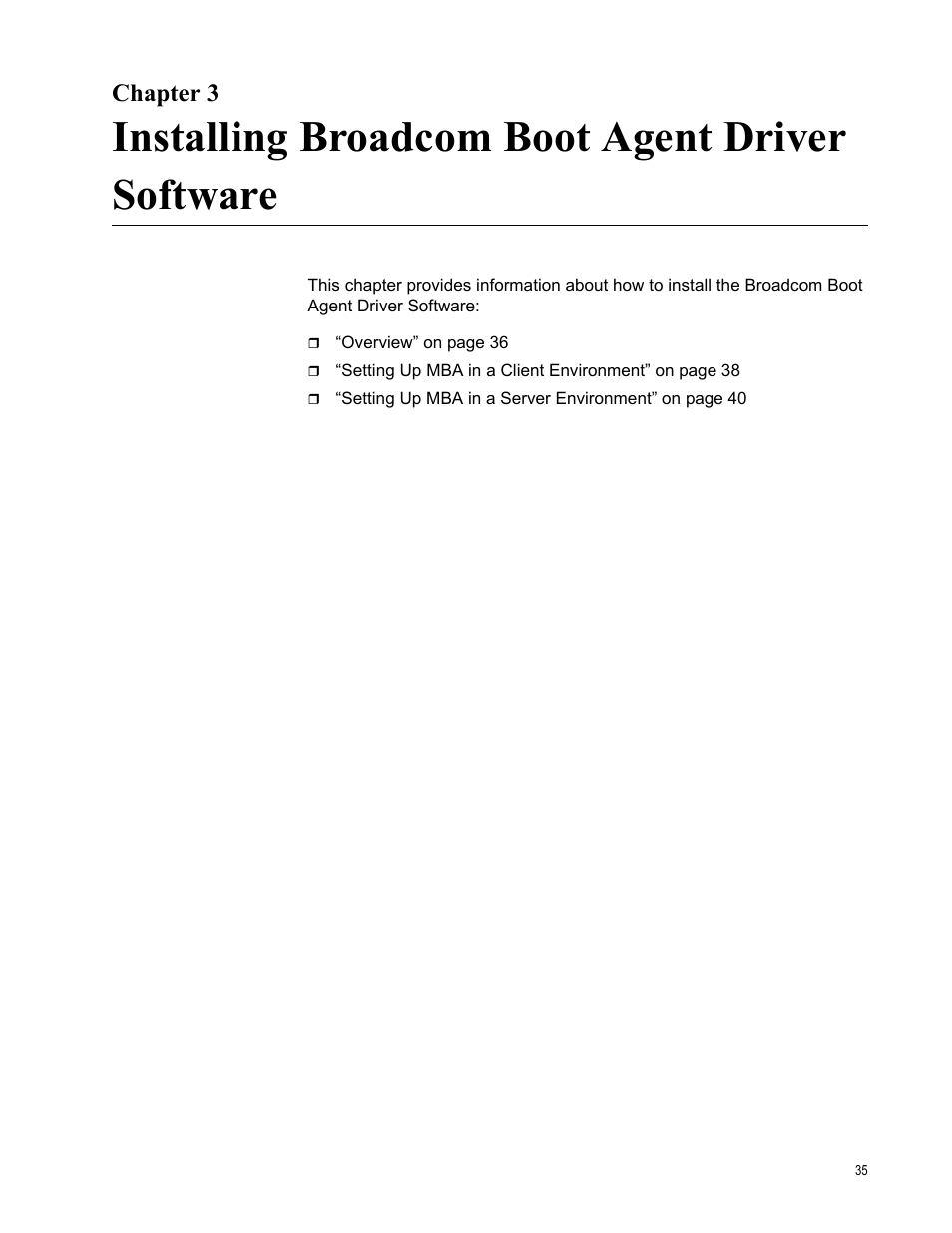 Chapter 3, Installing broadcom boot agent driver software | Allied Telesis AT-2973T (NetExtreme II) User Manual | Page 35 / 136