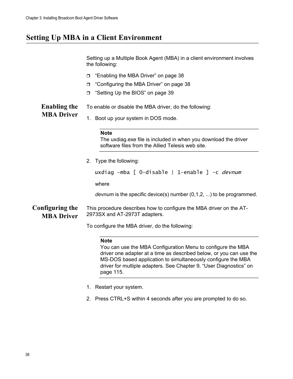 Setting up mba in a client environment, Enabling the mba driver, Configuring the mba driver | Enabling the mba driver configuring the mba driver | Allied Telesis AT-2973T (NetExtreme II) User Manual | Page 38 / 136