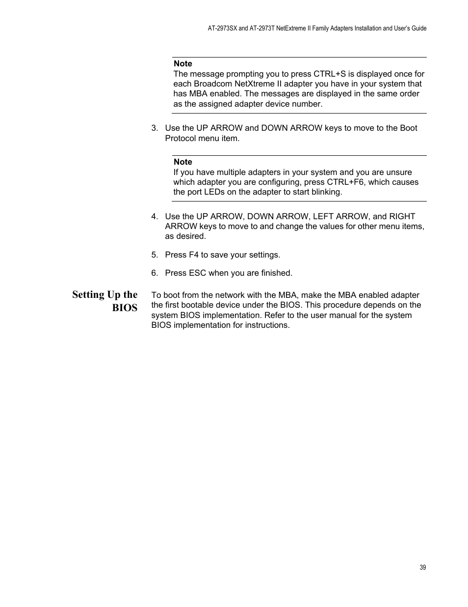 Setting up the bios | Allied Telesis AT-2973T (NetExtreme II) User Manual | Page 39 / 136