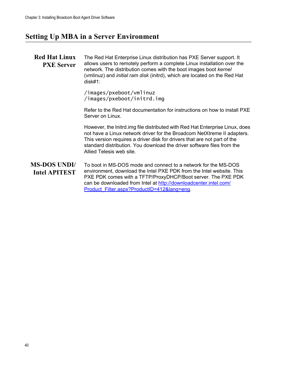 Setting up mba in a server environment, Red hat linux pxe server, Ms-dos undi/ intel apitest | Red hat linux pxe server ms-dos undi/intel apitest | Allied Telesis AT-2973T (NetExtreme II) User Manual | Page 40 / 136