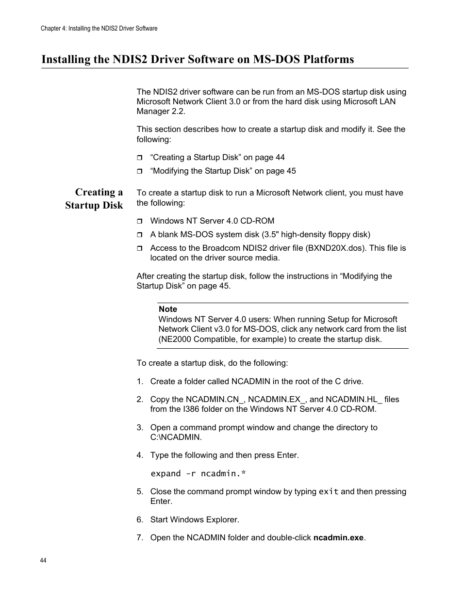 Creating a startup disk | Allied Telesis AT-2973T (NetExtreme II) User Manual | Page 44 / 136