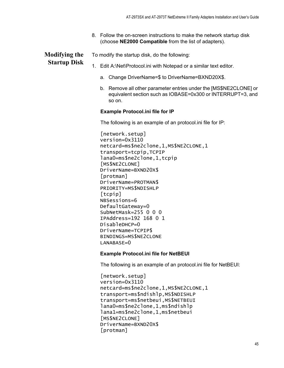 Modifying the startup disk | Allied Telesis AT-2973T (NetExtreme II) User Manual | Page 45 / 136