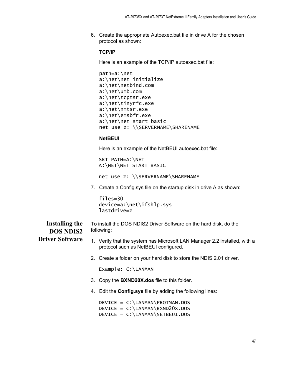 Installing the dos ndis2 driver software | Allied Telesis AT-2973T (NetExtreme II) User Manual | Page 47 / 136