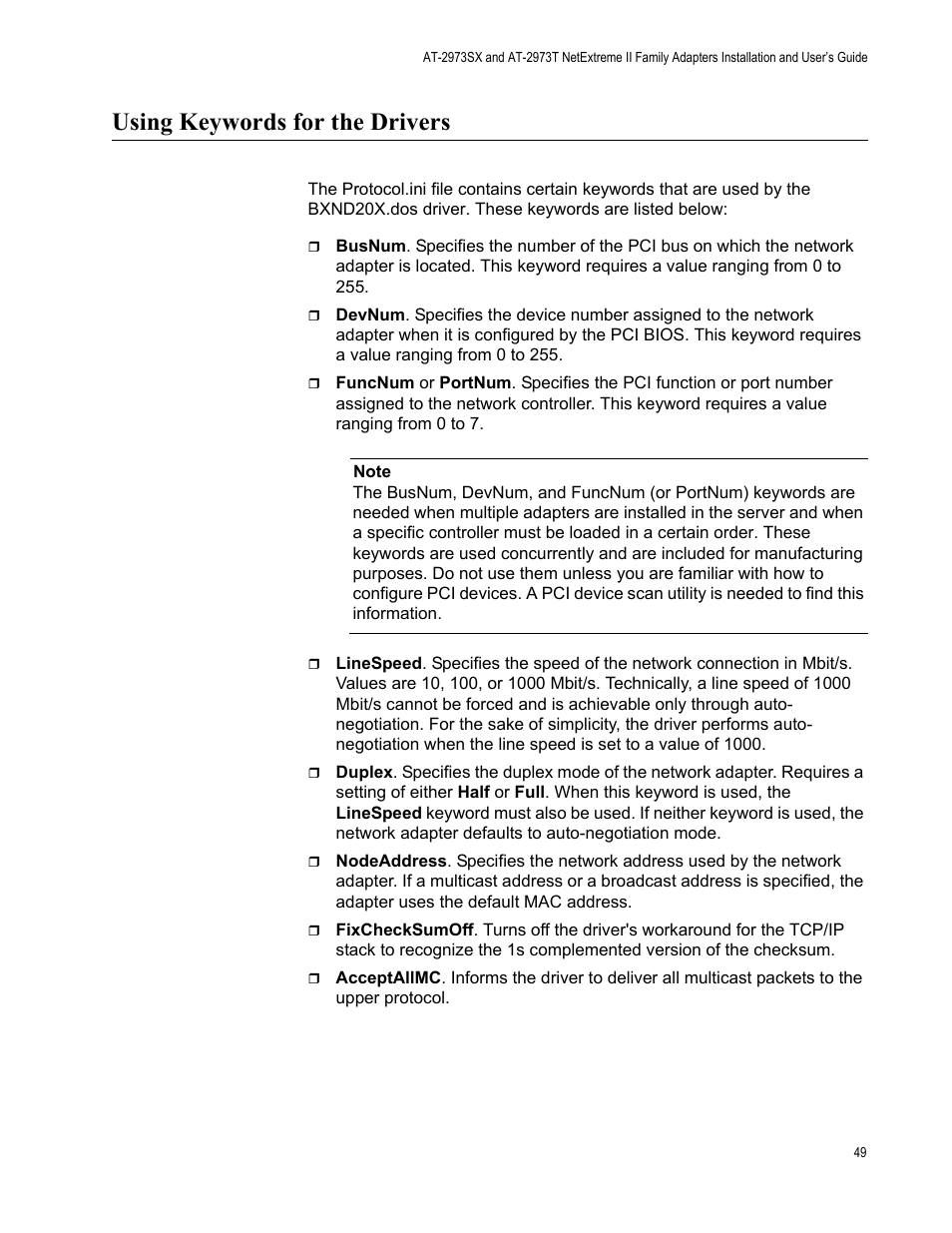 Using keywords for the drivers | Allied Telesis AT-2973T (NetExtreme II) User Manual | Page 49 / 136