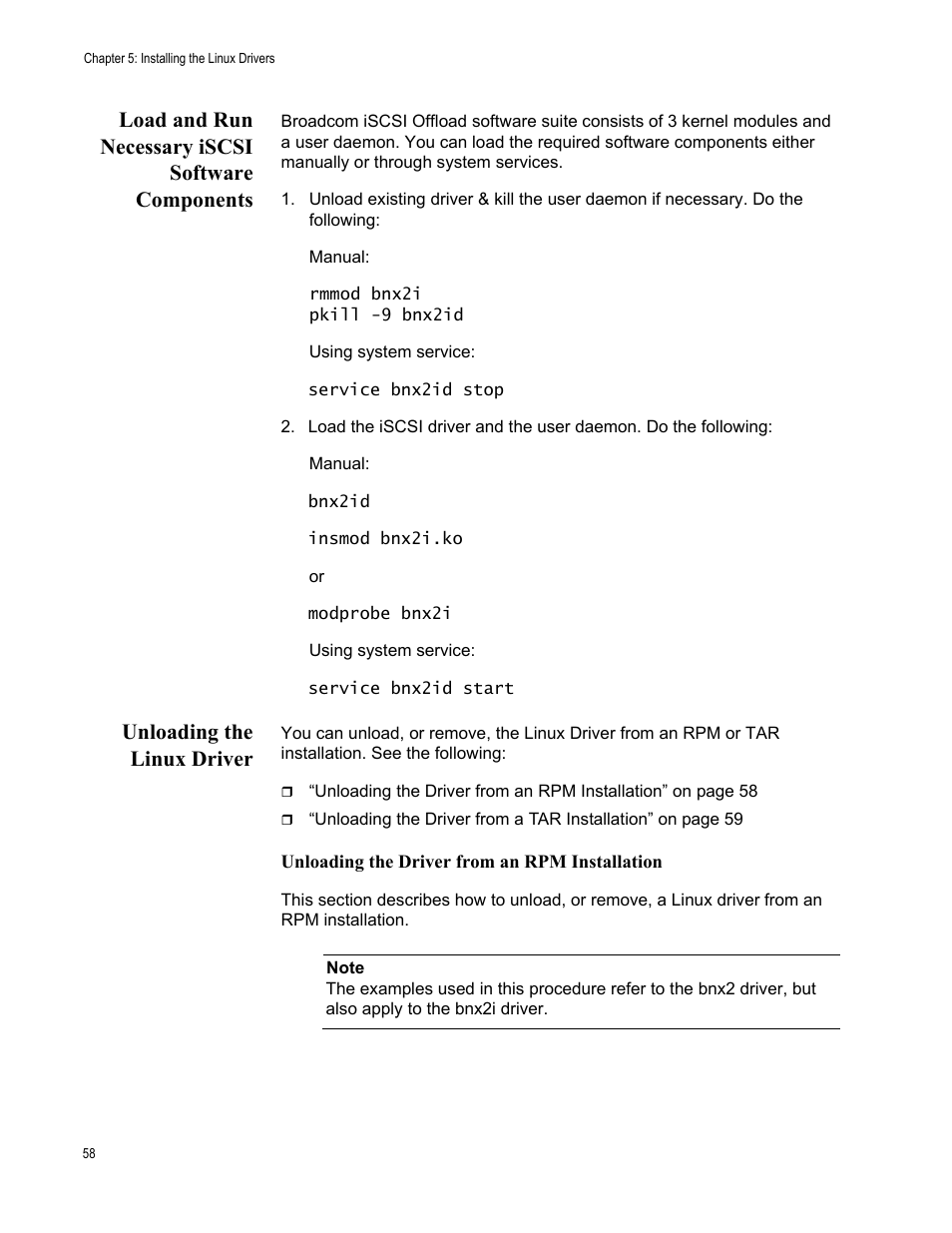 Load and run necessary iscsi software components, Unloading the linux driver | Allied Telesis AT-2973T (NetExtreme II) User Manual | Page 58 / 136
