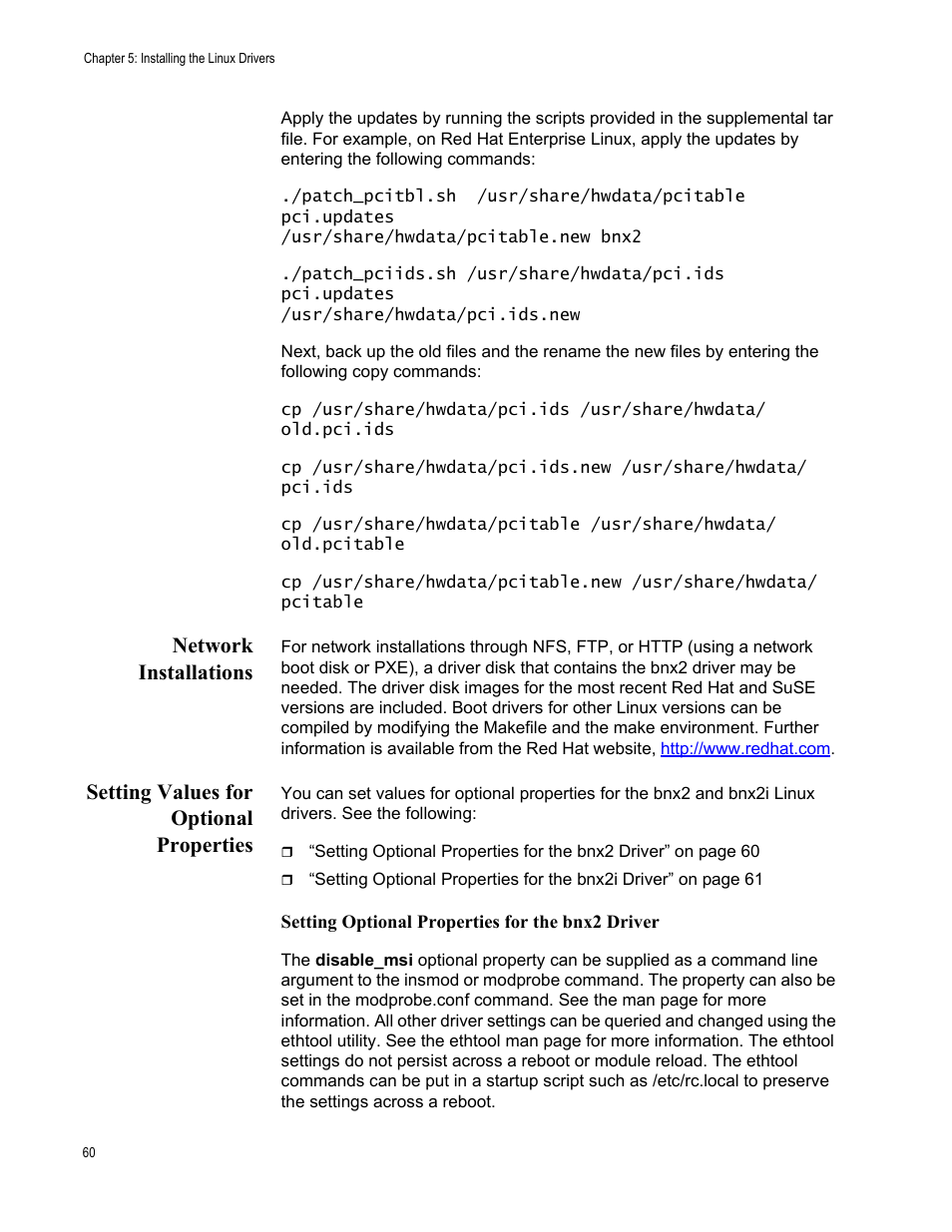 Network installations, Setting values for optional properties | Allied Telesis AT-2973T (NetExtreme II) User Manual | Page 60 / 136