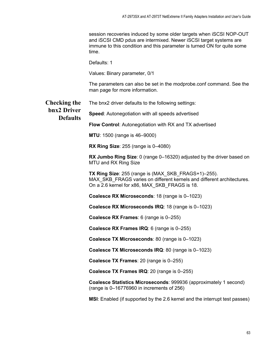 Checking the bnx2 driver defaults | Allied Telesis AT-2973T (NetExtreme II) User Manual | Page 63 / 136