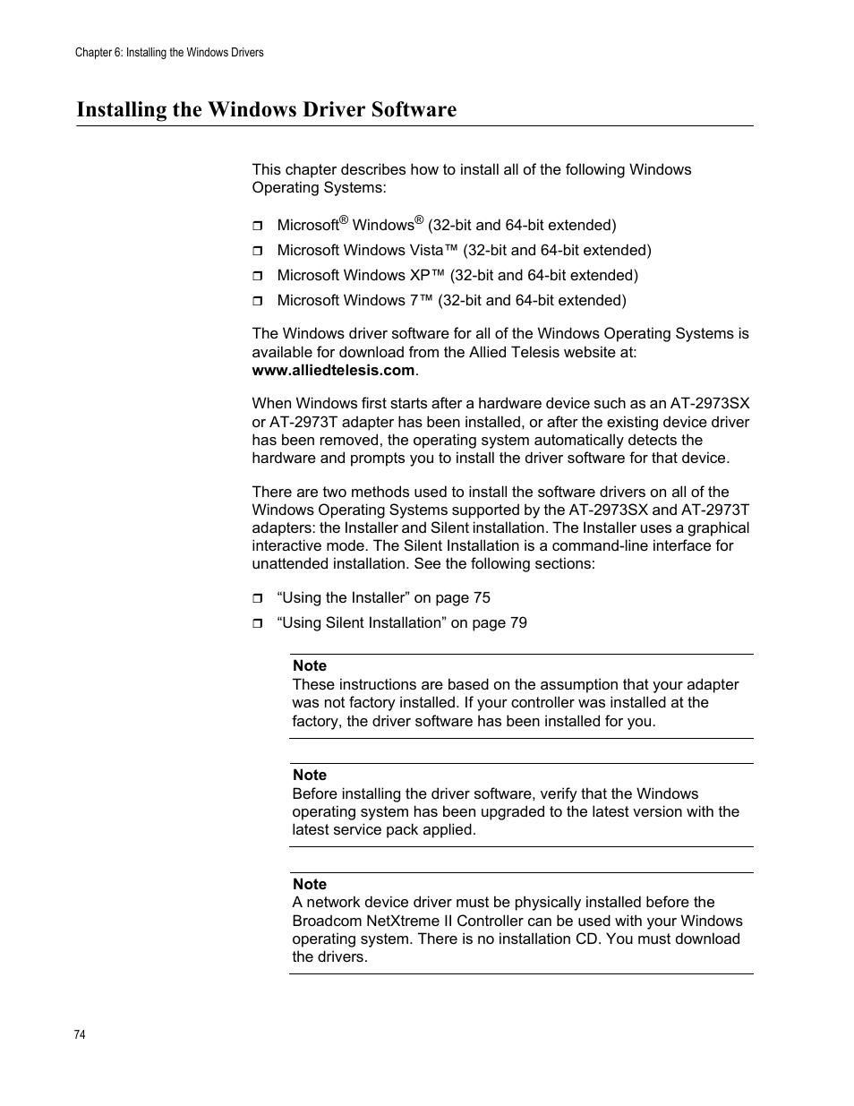 Installing the windows driver software | Allied Telesis AT-2973T (NetExtreme II) User Manual | Page 74 / 136