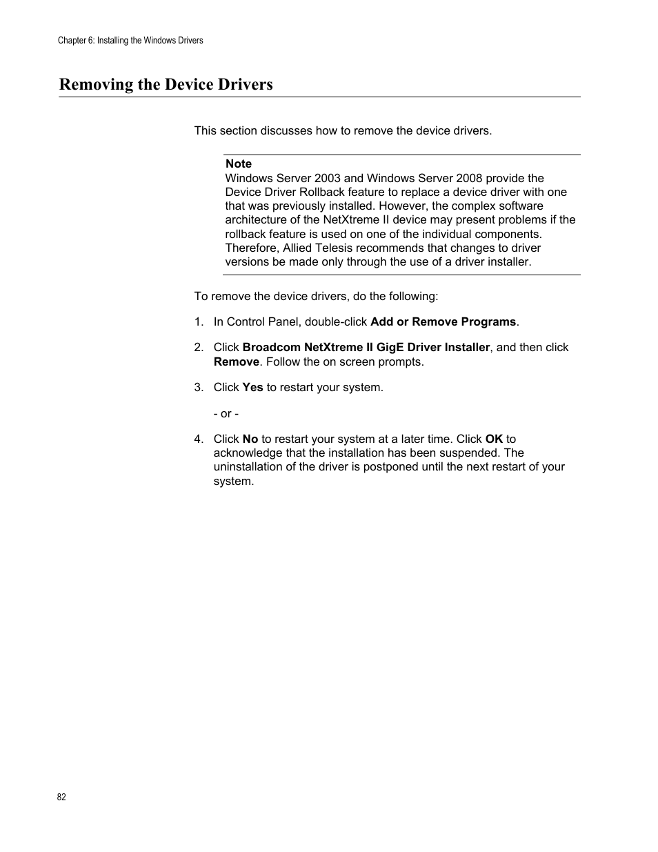 Removing the device drivers | Allied Telesis AT-2973T (NetExtreme II) User Manual | Page 82 / 136