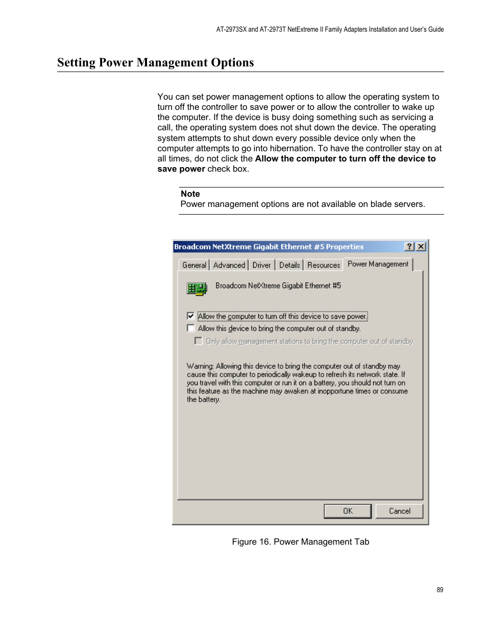 Setting power management options | Allied Telesis AT-2973T (NetExtreme II) User Manual | Page 89 / 136