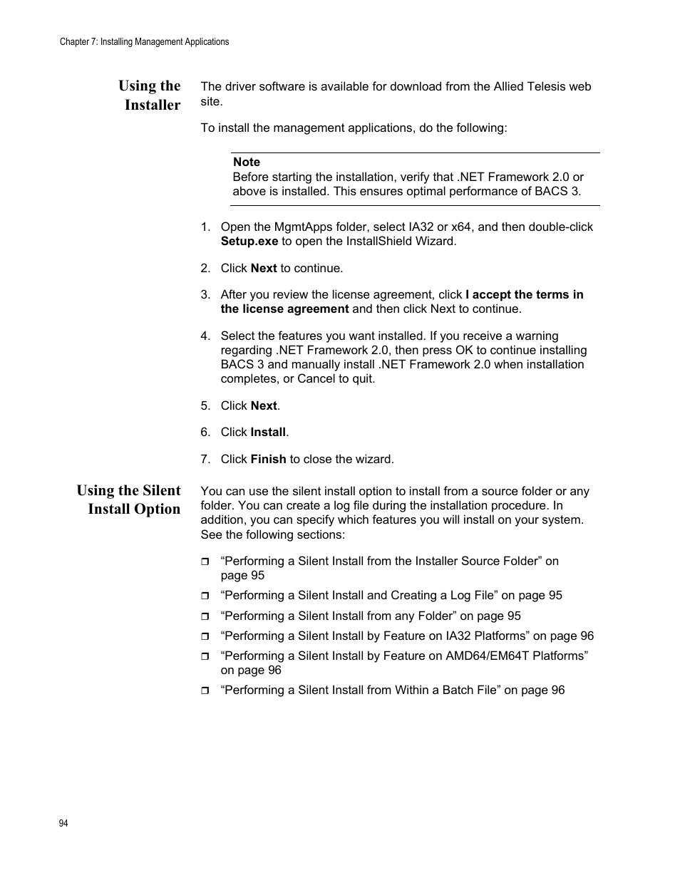 Using the installer, Using the silent install option | Allied Telesis AT-2973T (NetExtreme II) User Manual | Page 94 / 136