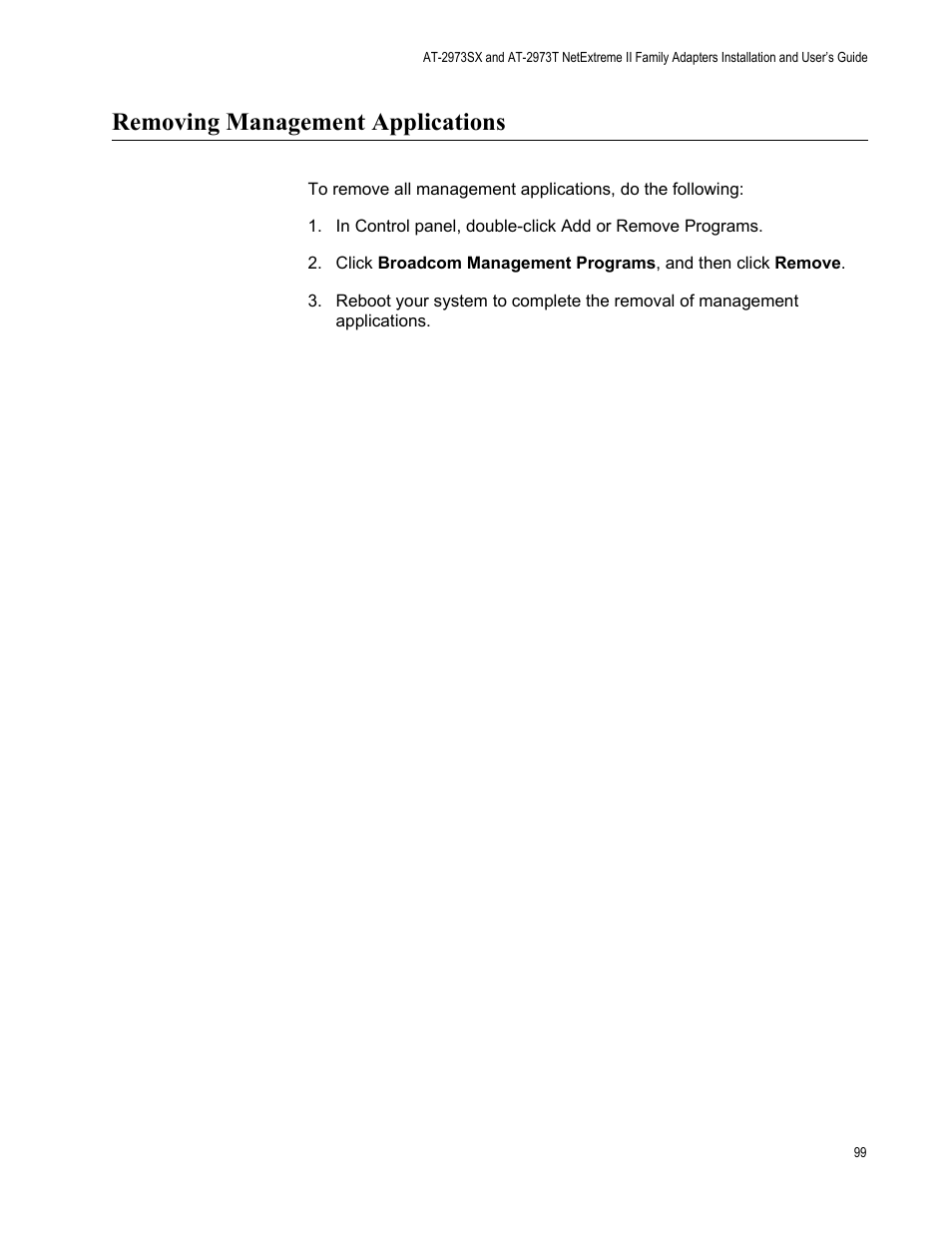 Removing management applications | Allied Telesis AT-2973T (NetExtreme II) User Manual | Page 99 / 136