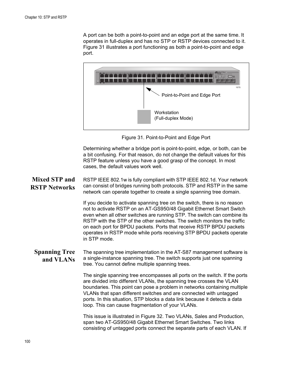 Mixed stp and rstp networks, Spanning tree and vlans, Figure 31. point-to-point and edge port | Class 1 laser product | Allied Telesis AT-S87 User Manual | Page 100 / 148