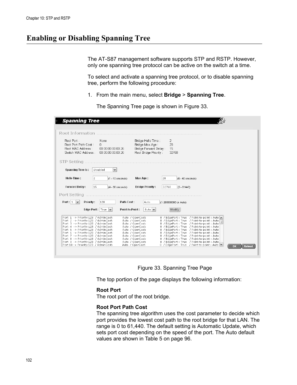 Enabling or disabling spanning tree | Allied Telesis AT-S87 User Manual | Page 102 / 148
