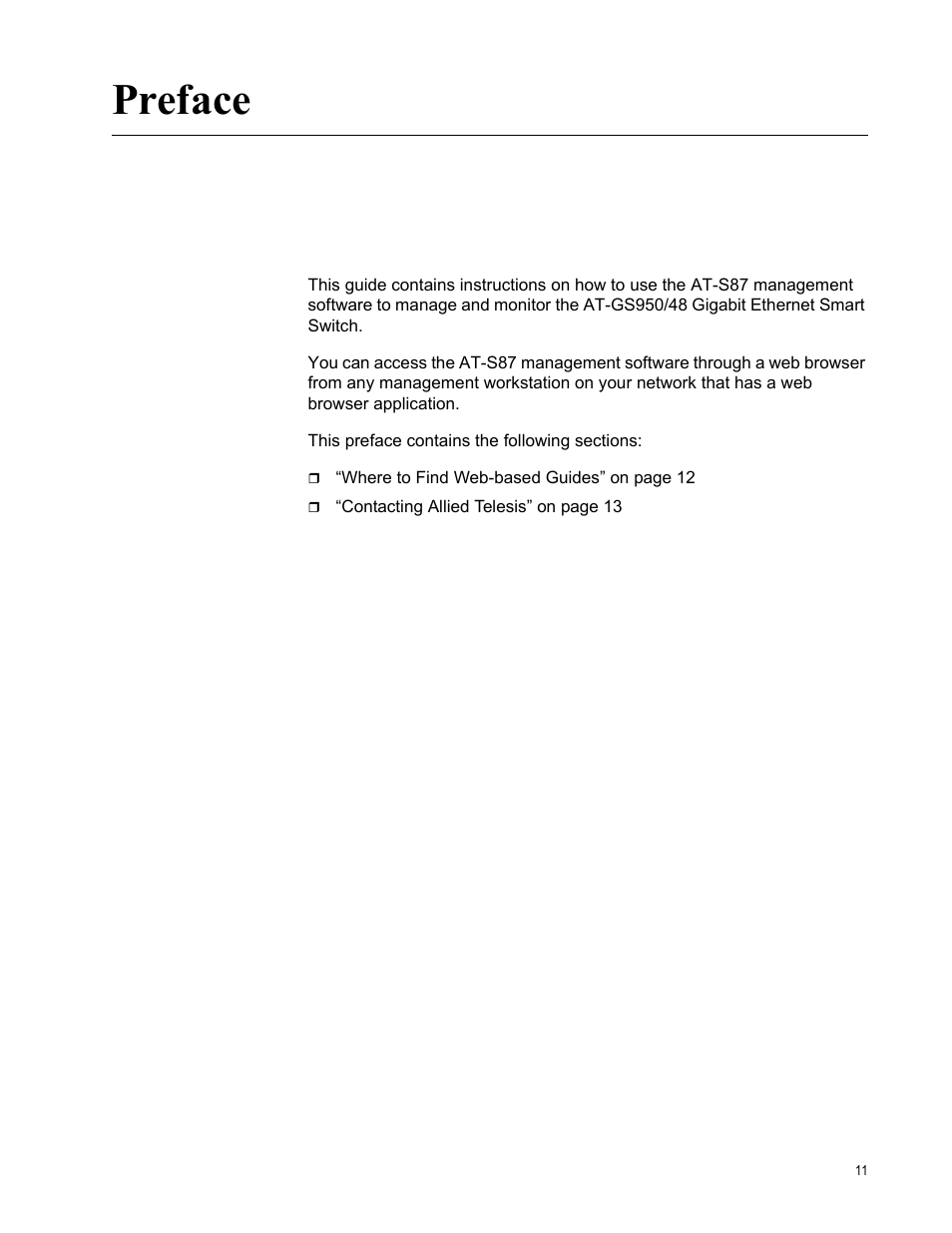 Preface | Allied Telesis AT-S87 User Manual | Page 11 / 148