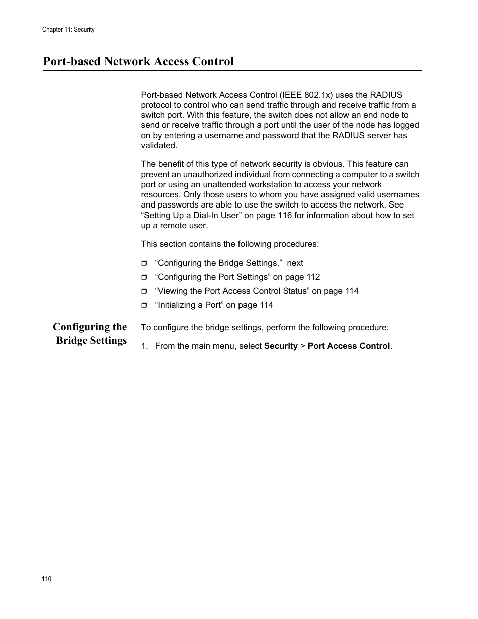Port-based network access control, Configuring the bridge settings | Allied Telesis AT-S87 User Manual | Page 110 / 148