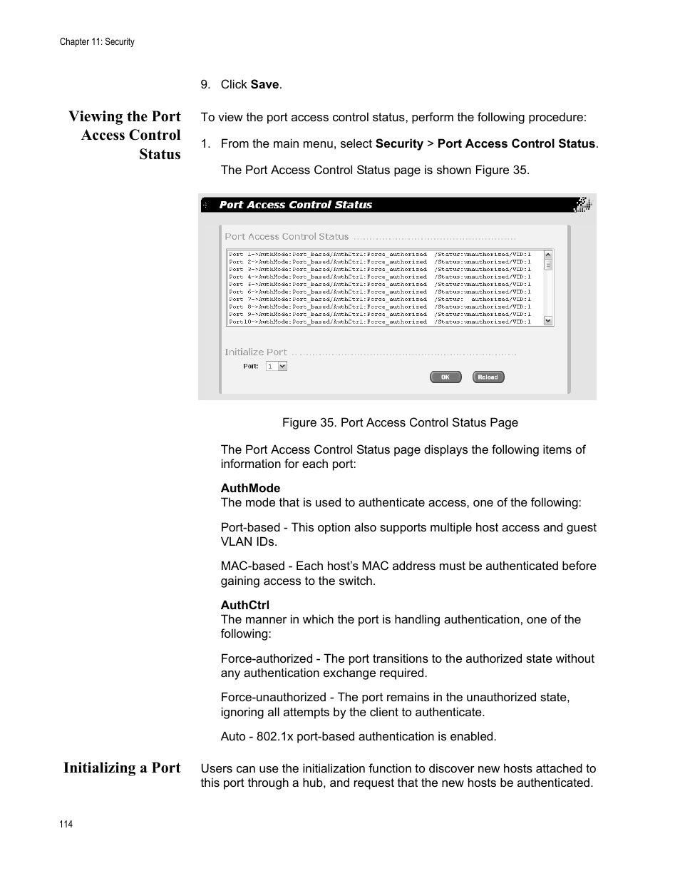 Viewing the port access control status, Initializing a port | Allied Telesis AT-S87 User Manual | Page 114 / 148