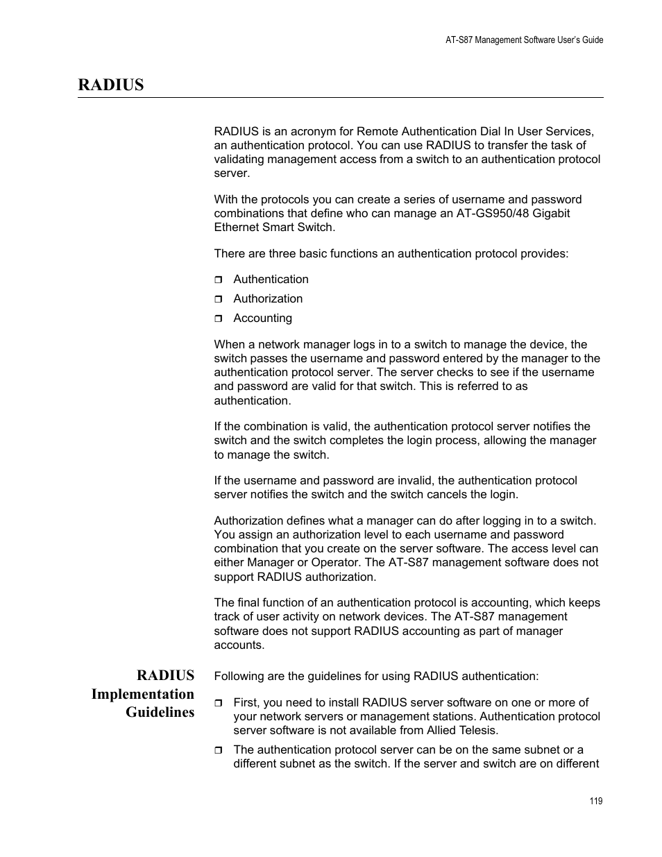 Radius, Radius implementation guidelines | Allied Telesis AT-S87 User Manual | Page 119 / 148