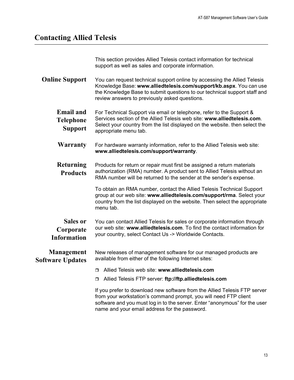 Contacting allied telesis, Online support, Email and telephone support | Warranty, Returning products, Sales or corporate information, Management software updates | Allied Telesis AT-S87 User Manual | Page 13 / 148