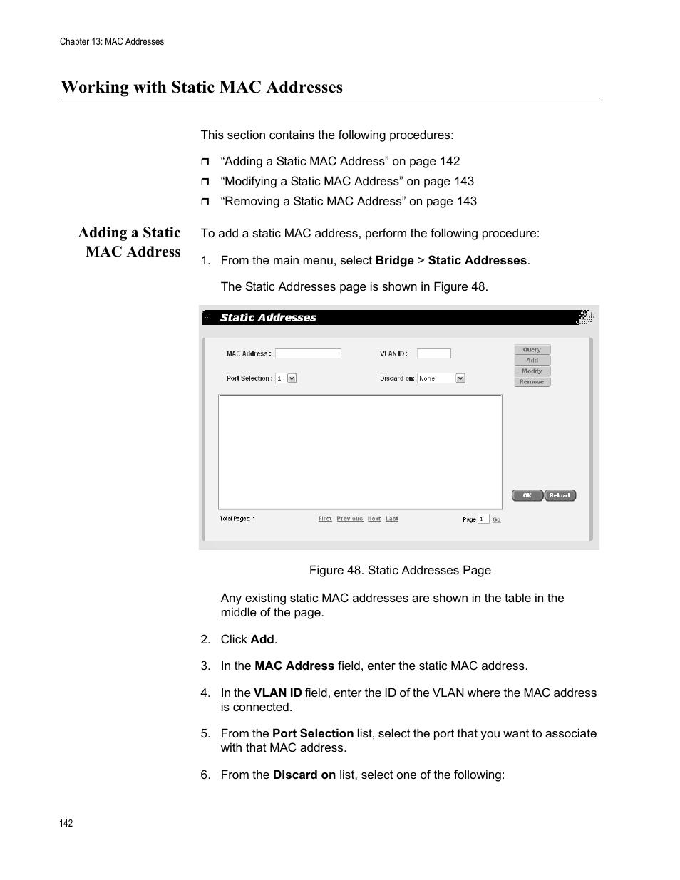Working with static mac addresses, Adding a static mac address | Allied Telesis AT-S87 User Manual | Page 142 / 148