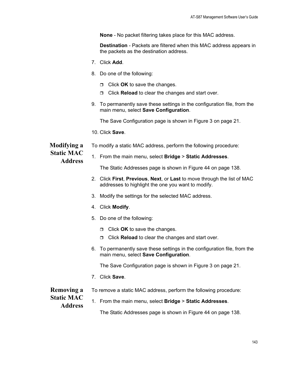 Modifying a static mac address, Removing a static mac address | Allied Telesis AT-S87 User Manual | Page 143 / 148