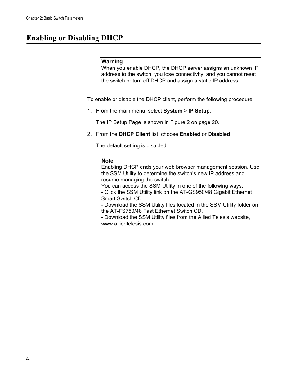 Enabling or disabling dhcp | Allied Telesis AT-S87 User Manual | Page 22 / 148