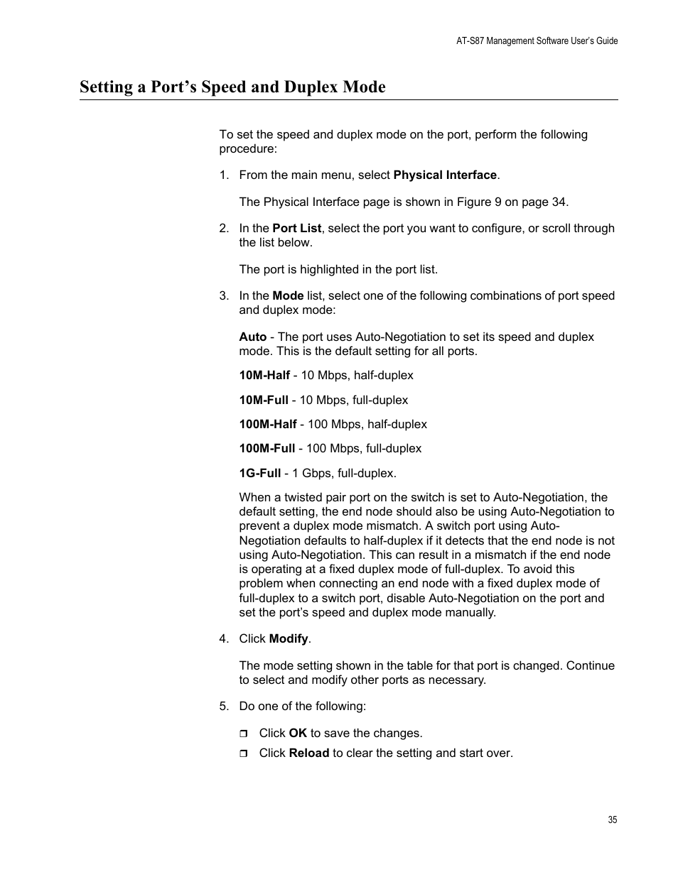 Setting a port’s speed and duplex mode | Allied Telesis AT-S87 User Manual | Page 35 / 148