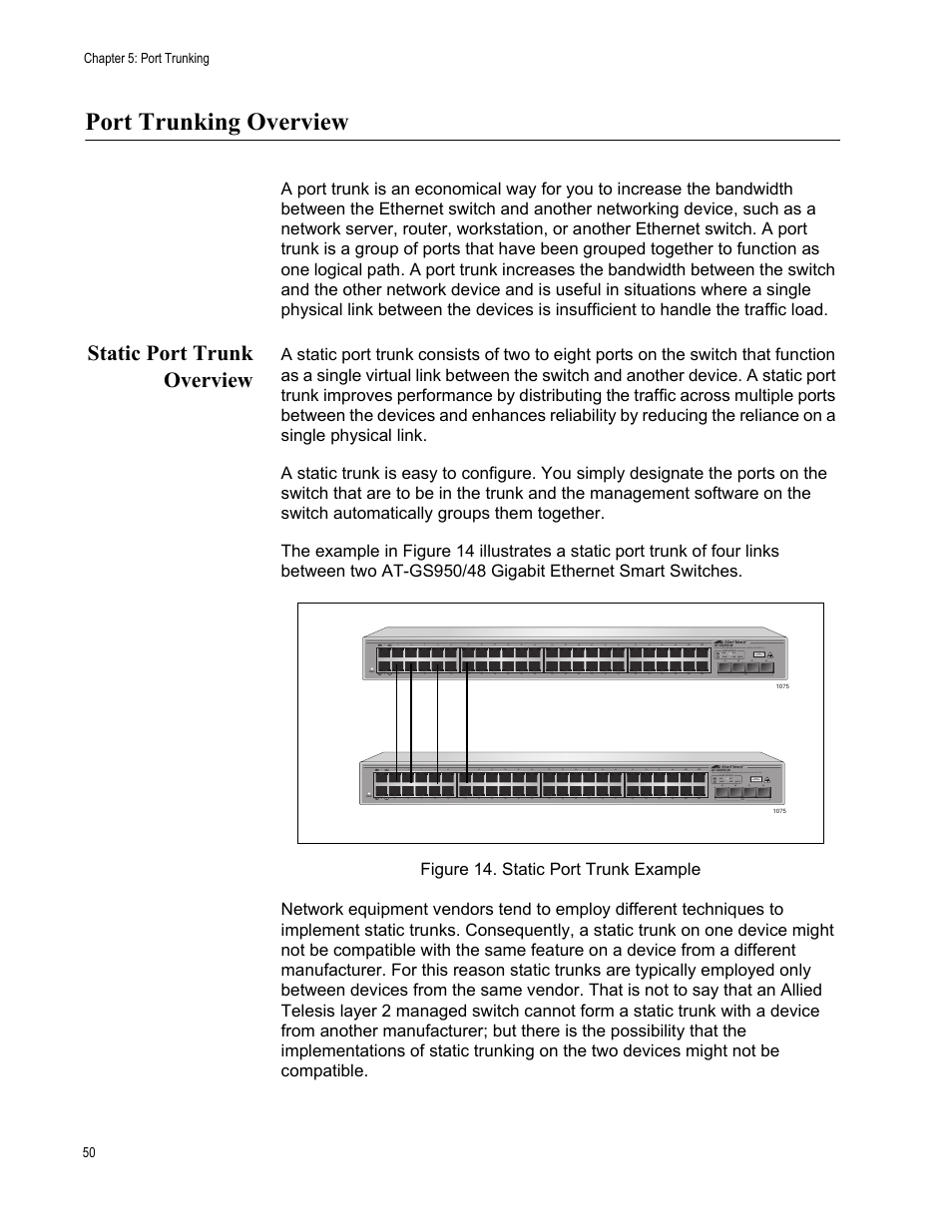 Port trunking overview, Static port trunk overview, Figure 14. static port trunk example | Allied Telesis AT-S87 User Manual | Page 50 / 148