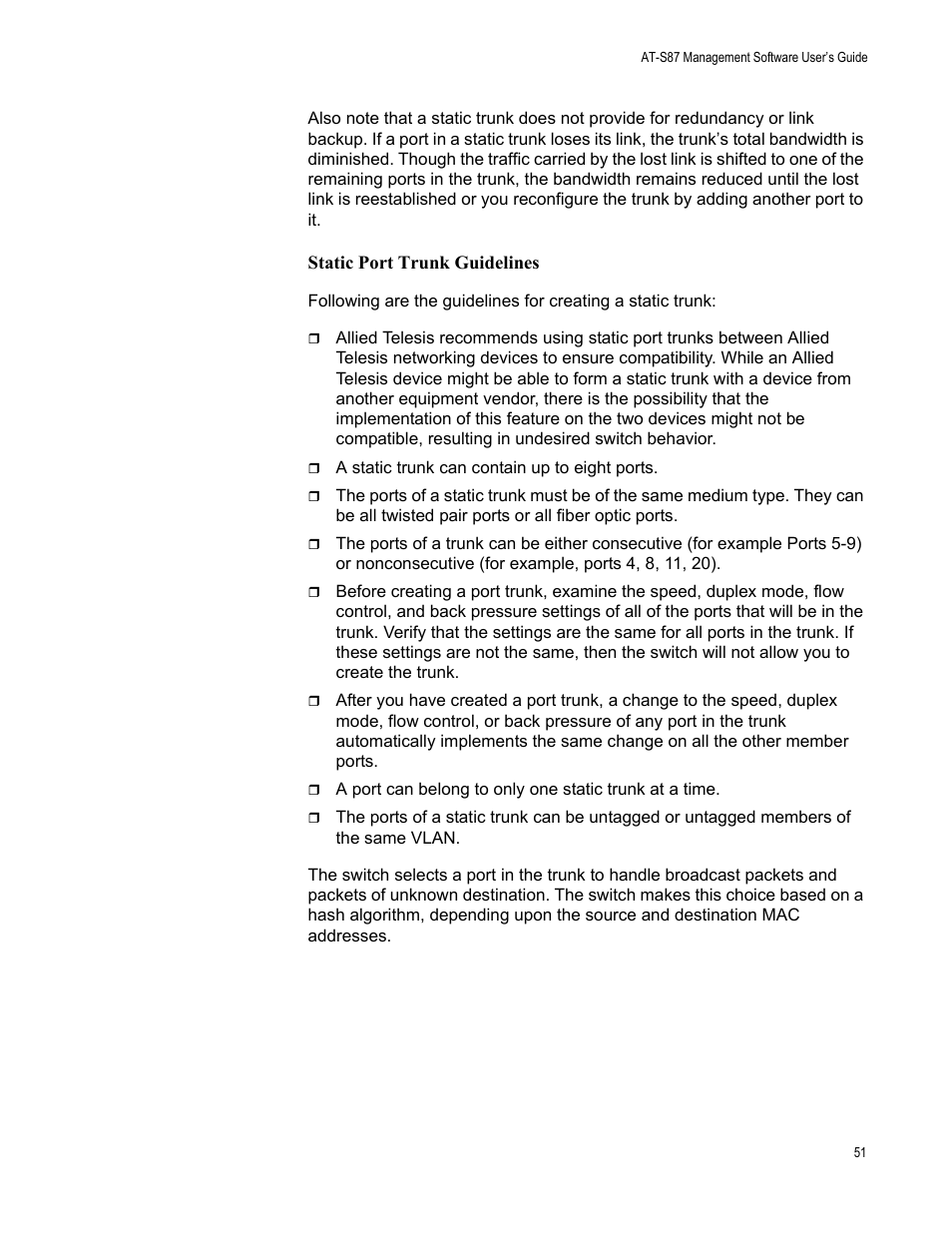 Static port trunk guidelines | Allied Telesis AT-S87 User Manual | Page 51 / 148