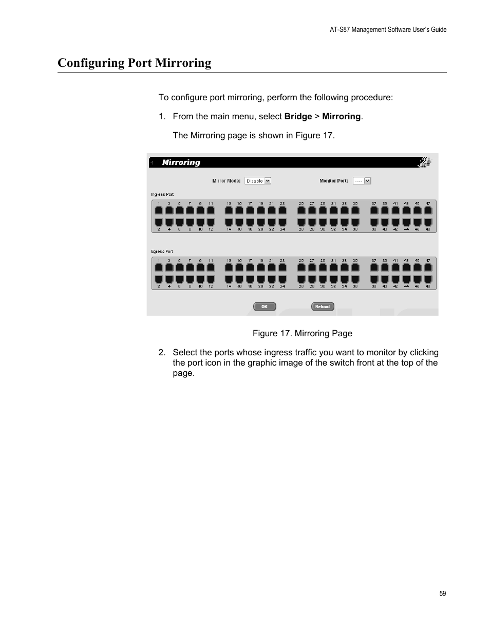 Configuring port mirroring | Allied Telesis AT-S87 User Manual | Page 59 / 148