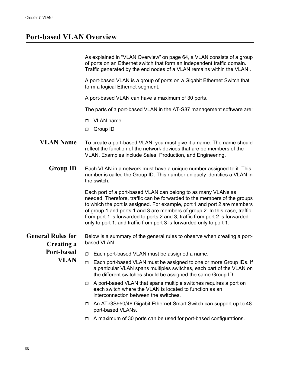 Port-based vlan overview, Vlan name, Group id | General rules for creating a port-based vlan, Vlan name group id general rules for creating a, Port-based vlan | Allied Telesis AT-S87 User Manual | Page 66 / 148