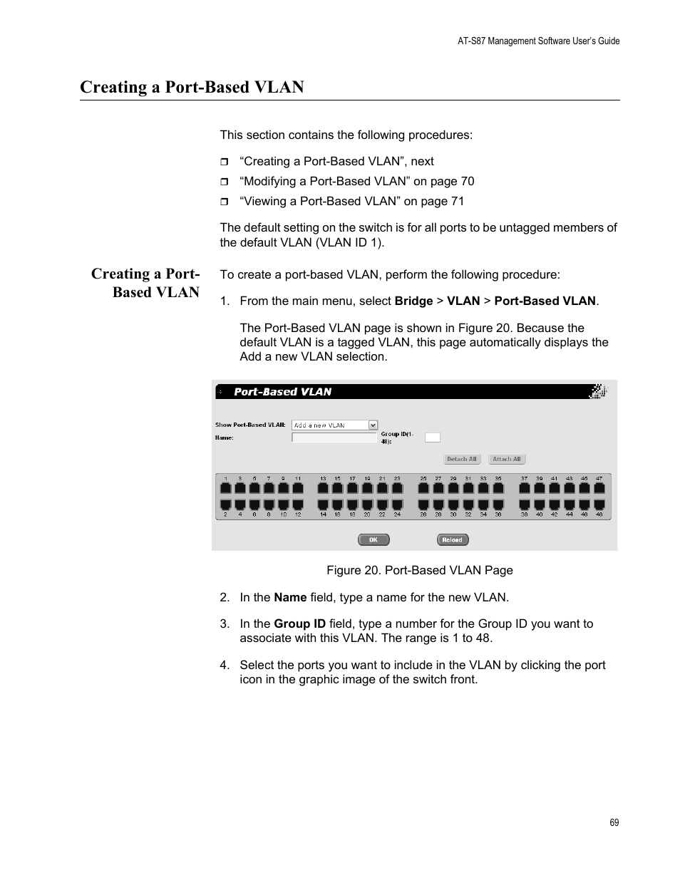 Creating a port-based vlan, Creating a port- based vlan | Allied Telesis AT-S87 User Manual | Page 69 / 148