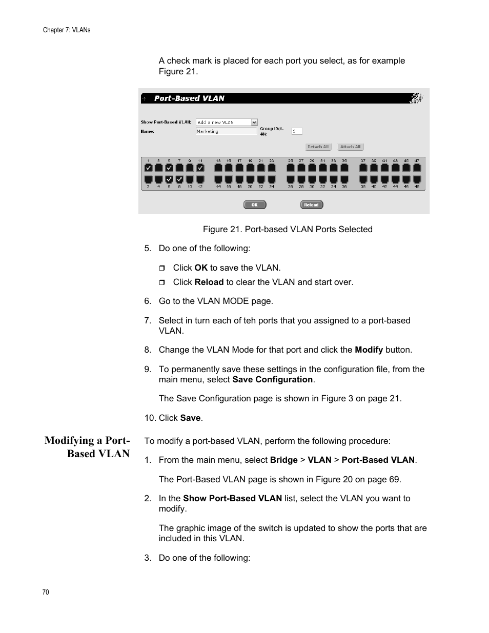 Modifying a port- based vlan, Modifying a port-based vlan, Figure 21. port-based vlan ports selected | Allied Telesis AT-S87 User Manual | Page 70 / 148