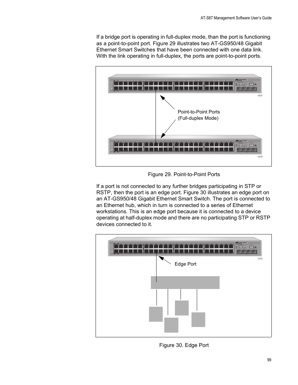 Point-to-point ports (full-duplex mode), Edge port, At-s87 management software user’s guide 99 | Class 1 laser product | Allied Telesis AT-S87 User Manual | Page 99 / 148