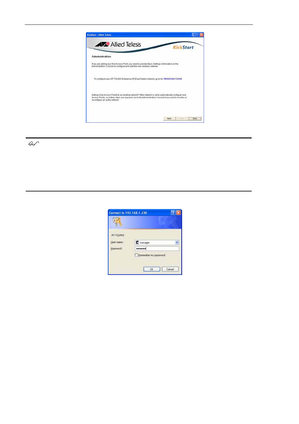 Figure 12: administration dialog box, Figure 13: login dialog box | Allied Telesis AT-TQ2403 User Manual | Page 20 / 24