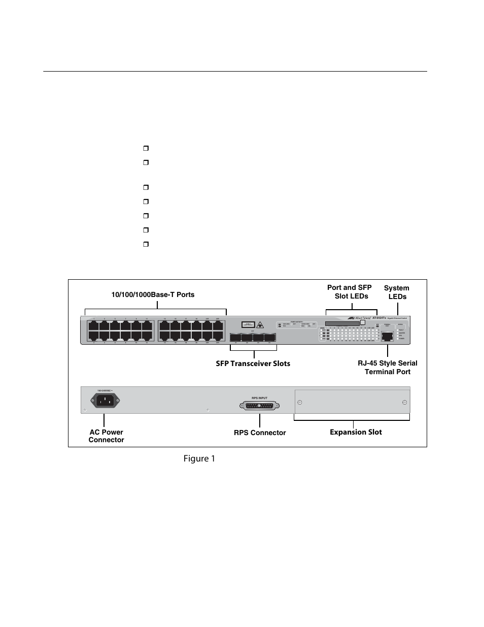 Switch descriptions, At-9424ts switch, Figure 1 | Redundant power supply connector, Compact flash card slot, At-9424ts switch - front and back panels, Sfp transceiver slots, Expansion slot, Chapter 1: overview 16, D/c l/a | Allied Telesis AT-9448Ts/XP (Basic Layer 3) User Manual | Page 16 / 108