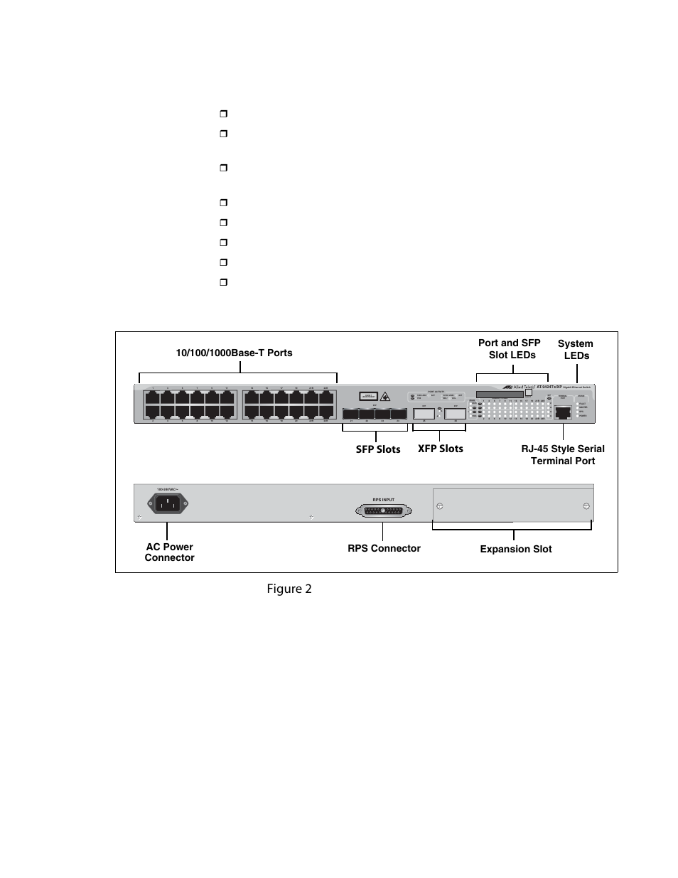 At-9424ts/xp switch, Figure 2, Redundant power supply connector | Compact flash card slot, At-9424ts/xp switch - front and back panels, Sfp slots, Xfp slots, D/c l/a, Expansion slot | Allied Telesis AT-9448Ts/XP (Basic Layer 3) User Manual | Page 17 / 108