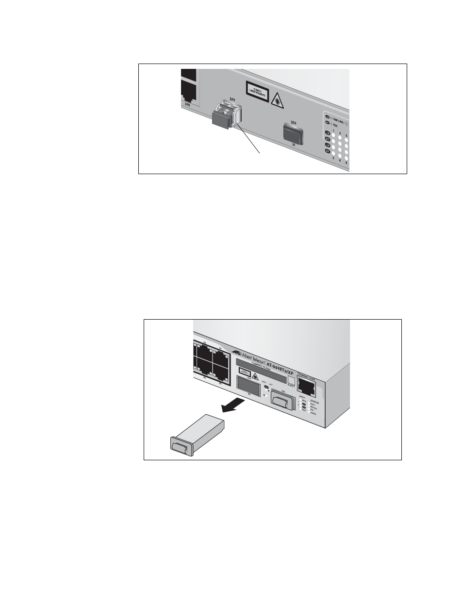 Installing an xfp transceiver, Chapter 5: cabling the network ports 74 | Allied Telesis AT-9448Ts/XP (Basic Layer 3) User Manual | Page 74 / 108