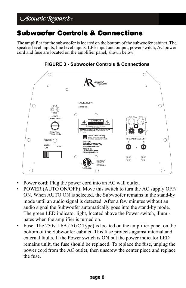 Subwoofer controls & connections | Audiovox HD510 User Manual | Page 10 / 51