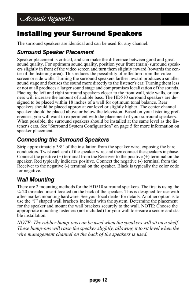 Installing your surround speakers, Surround speaker placement, Connecting the surround speakers | Wall mounting | Audiovox HD510 User Manual | Page 14 / 51